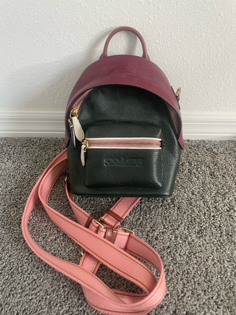 Coach Mini Backpack in Dark Green, Berry and Pink Strap